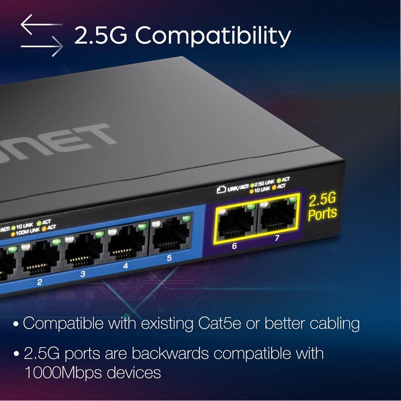 Trendnet 7-Port Multi-Gig Gaming Switch, TEG-S327, 5 x 1G RJ-45 Base-T Ports, 2 x 2.5G RJ-45 Ports, 20Gbps Switching Capacity, Wall Mountable, Plug & Play, Lifetime Protection, Black - Image 4